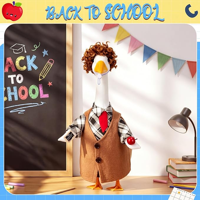 FuWeave Back to School Porch Goose Outfit Set for Plastic Statue Lawn Porch Goose Clothes with Schoolbag for Patio Decor
