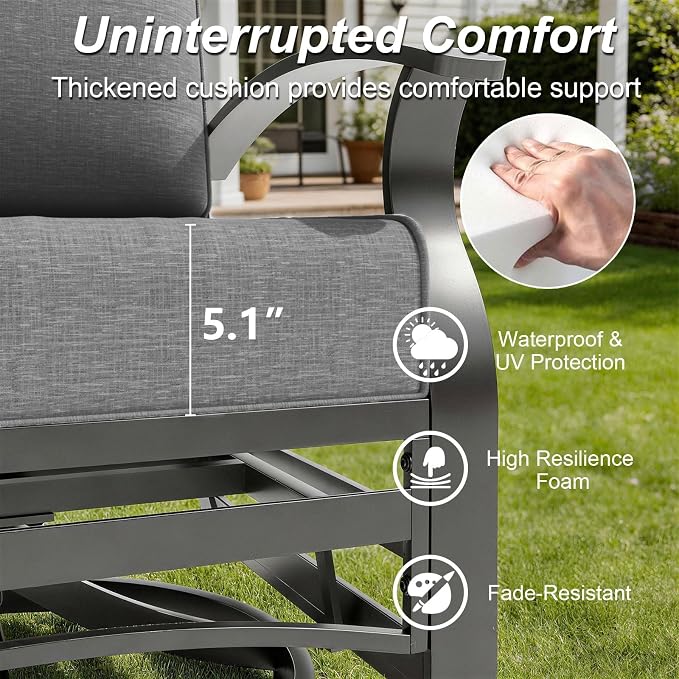 Gotland 5 Piece Patio Set, Aluminum Outdoor Swivel Chairs Set with 48’’ Round Fire Pit 5.1’’ High-Resilience Seat Cushions 29.5" Deep Seating, Metal Patio Furniture Set Patio Conversation Sets, Grey