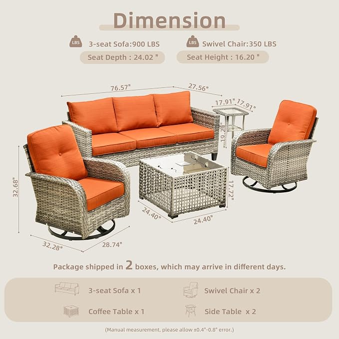 CAODOC Patio Furniture, All Weather Wicker 6 PCS Outdoor Sofa with High Back Swivel Rocker Chairs, Conversation Set with Solar Light Coffee Table,Light Rattan Red Cushion