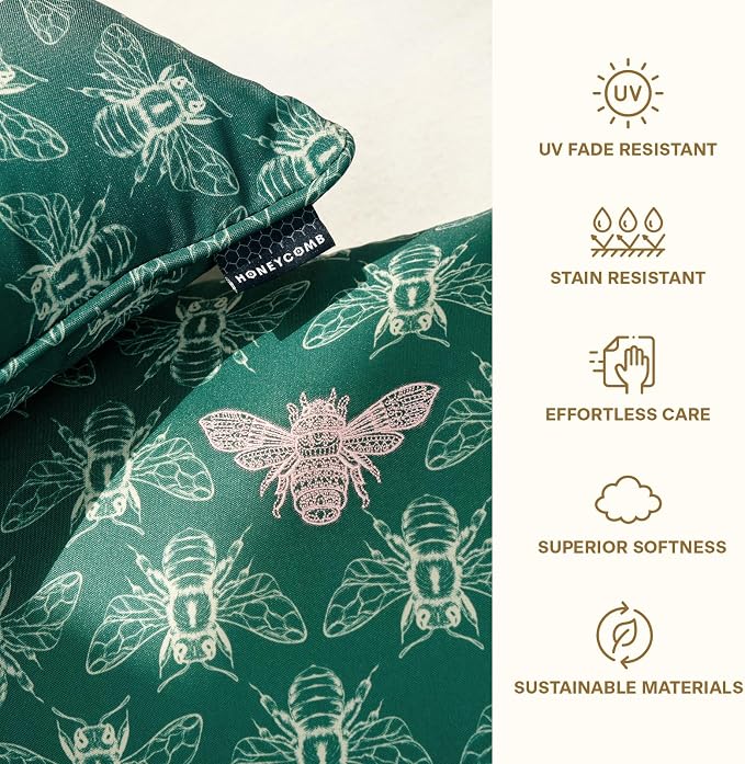 Honeycomb Indoor/Outdoor Square Toss Pillow for Patio Furniture, 17 x 17 | Royalty Green Embroidered Bumble Bee Throw Pillow, Water & Fade Resistant for Patio Furniture Set
