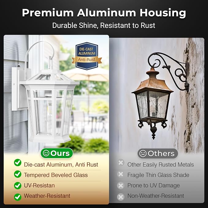 VIANIS Large Dusk to Dawn Outdoor Wall Lights, White Exterior Wall Light, 100%Aluminum Waterproof Front Door Light Fixture Outdoor, Modern Outside Garage Lights Fixtures with Tempered Glass for House