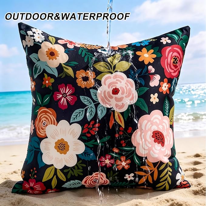 Outdoor Waterproof Floral Pillow Covers Decorative Throw Pillow Covers Summer Black Accent Square Couch Covers Garden Farmhouse Cushion Cases 16x16 Inch Set of 2 for Patio Tent Balcony Furniture Sofa