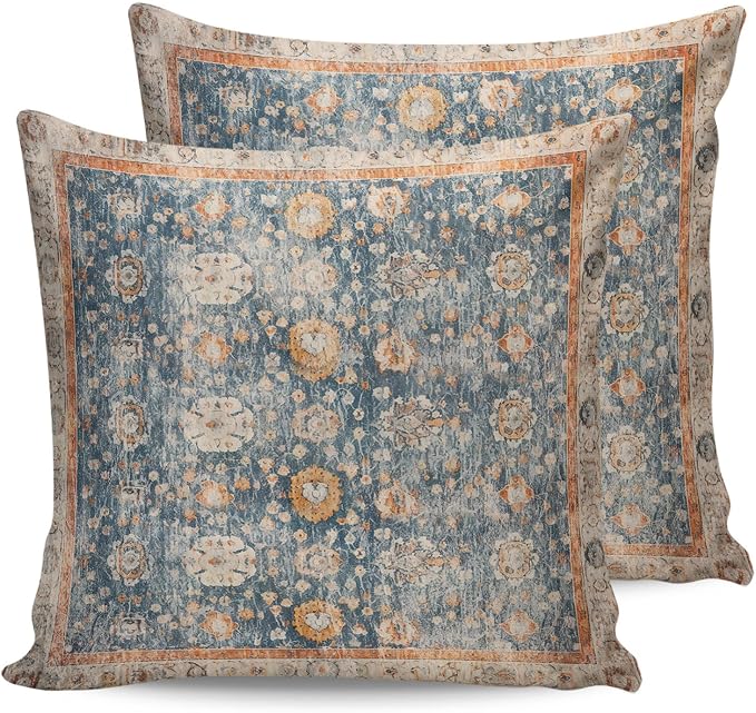Outdoor Waterproof Pillow Covers Set of 2, Meddle Century Vintage Flowers Mural Pattern Patio Throw Pillow Covers, Decorative Cushion Case for Couch Sofa Furniture Garden, 16x16 Inch
