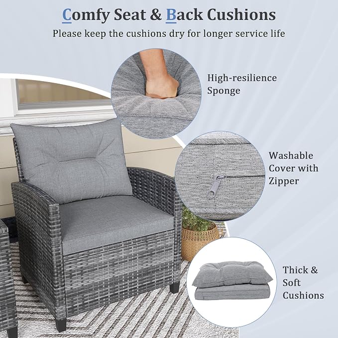 KOTEK 3 Piece Patio Furniture Set, Outdoor PE Rattan Conversation Set with Washable Cushions & Tempered Glass Tabletop, Wicker Chairs and Table Set for Porch, Garden, Balcony (Grey)