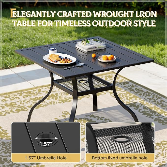 Crownland 5 Piece Patio Dining Set, 4 Swivel Metal Chairs and Square Outdoor Dining Table with 1.57" Umbrella Hole, Outdoor Furniture Dining Set for Lawn, Backyard, Garden(Black)