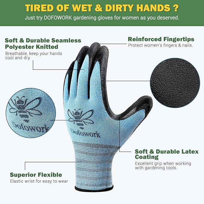 DOFOWORK Gardening Gloves - 6 Pair Gardening Gloves for Women/Men with Grip | Breathable Natural Latex Garden Glove Outdoor Protective Working Glove for Weeding, Raking and Pruning