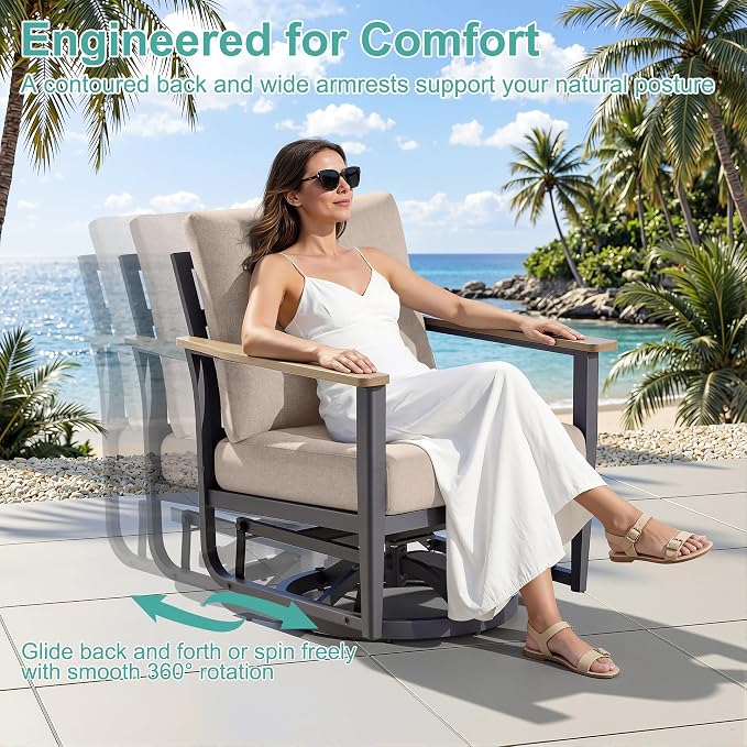 Aluminum Outdoor Patio Furniture Set with Swivel Rocking Chair 7-Seat, Patio Conversation Set Sectional Furniture Set with High Backrest & Thickened Cushions for Backyard, Sand