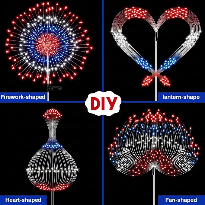 Tujoe 6 Pcs 4th of July Solar Firework Lights Patriotic Solar Light Outdoor Garden 120 LED 8 Modes Waterproof LED Sparkler Light for 250th Anniversary Patio Yard Pathway Walkway (Patriotic Colors)