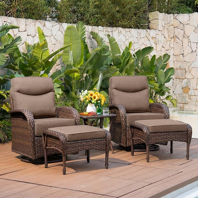 Belord Upgraded 6“ Cushion Luxury 5 Pieces Patio Furniture Set - All Weather Wicker Outdoor Swivel Rocker Patio Chairs of 2 with Ottomans, High Back Glider Chairs Set for Deck Porch - Brown/Grey
