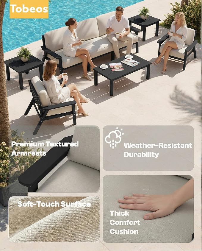 HDPE Patio Furniture Set 5 Seats with Cantilever Umbrella, Outdoor Couch with Washable Thick Beige Cushions & Tables, Outdoor Sectional Furniture for Deck, Lawn, Porch (Black Frame)