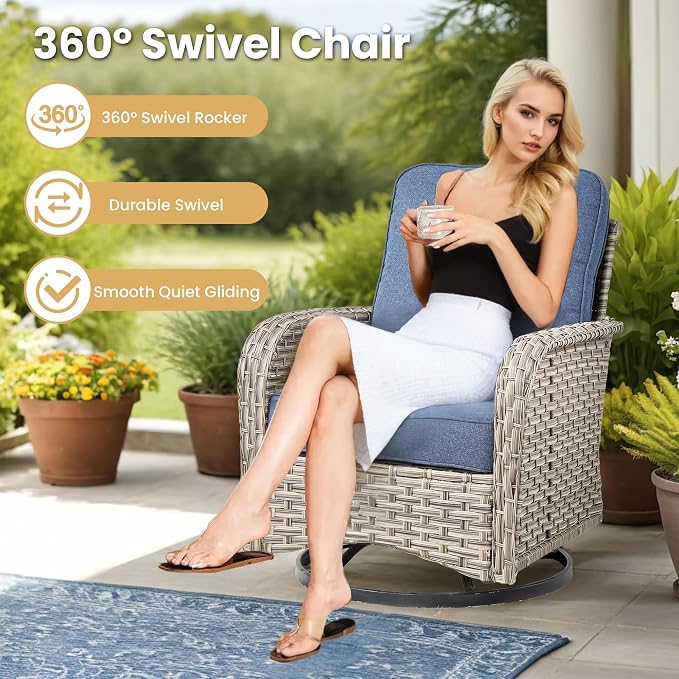 HOOOWOOO Outdoor Sectional Furniture Set with Fire Pit Table,8 Pieces Wicker Patio Conversation Sets,L Shape All Weather Outside Couch Sofa Set with Swivel Chairs Side Table Ottoman,Denim Blue