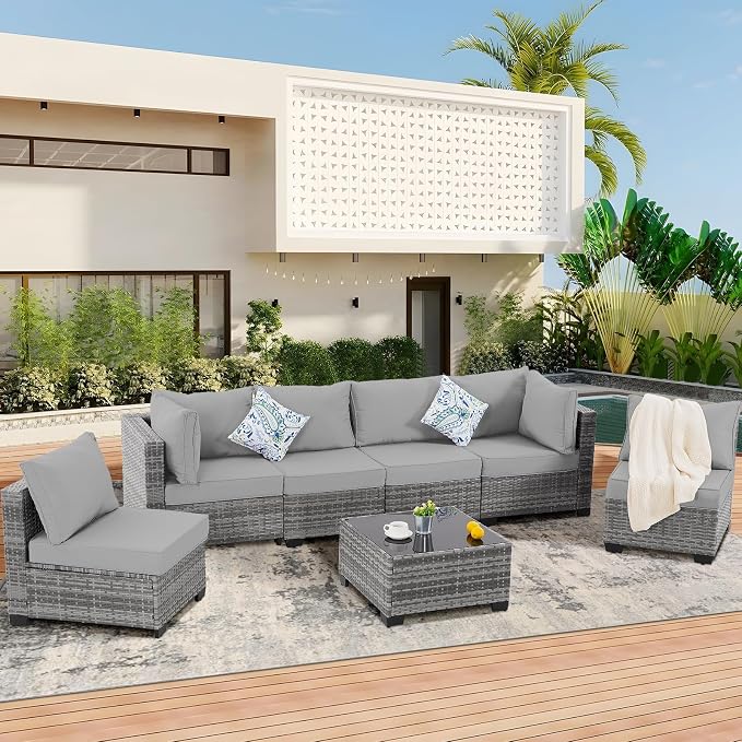FHFO 14 Piece Outdoor Wicker Patio Furniture Set, Grey/Light Grey | Sectional Sofa | All-Weather Hand-Woven Rattan | Tempered Glass Coffee Table | Free Combination | Indoor & Outdoor Use