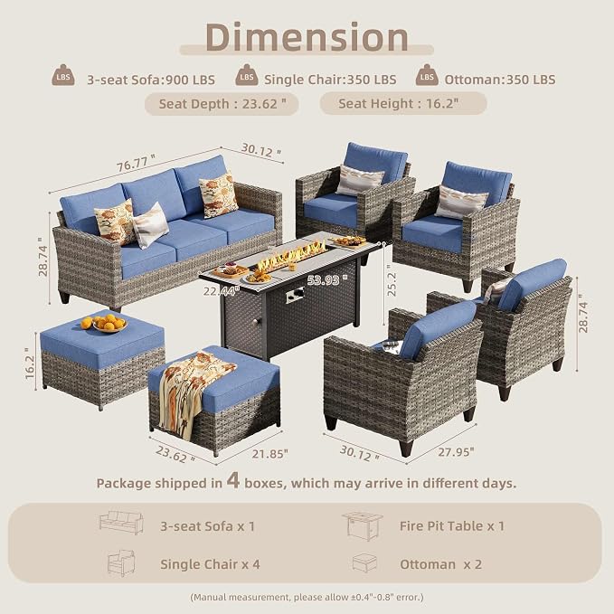CAODOC 8-Piece Outdoor Wicker Patio Set with 9 Seats, Including 53" Fire Pit - Sectional Sofa and Conversation Set for Backyard or Lawn, Gray Rattan with Waterproof Blue Cushions