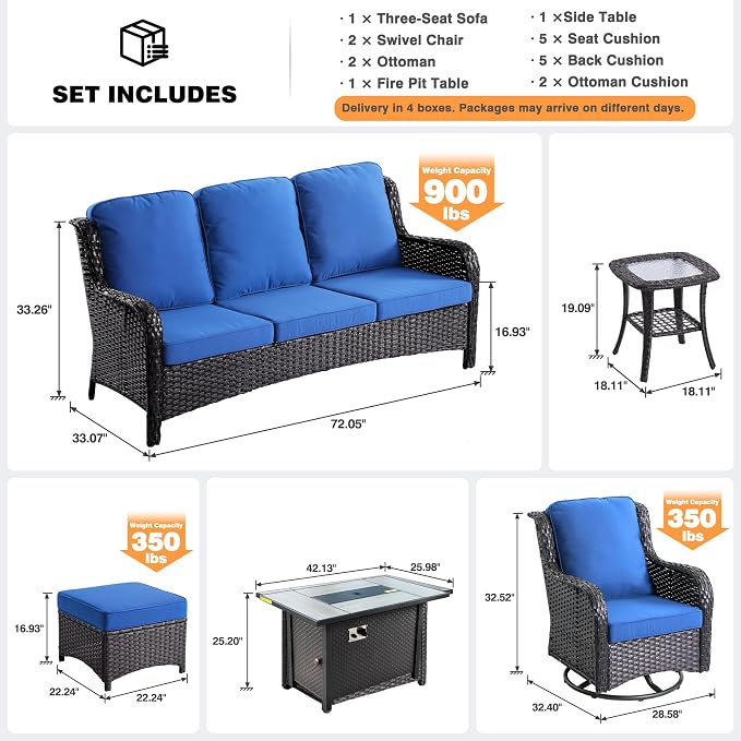 ovios 7 Pieces Patio Furniture Set with 42 inch Fire Pit Table, Outdoor Wicker Sofa Couch Swivel Rocking Glider Chairs, Modern Luxury Conversation Set, Brown Wicker, Navy Blue