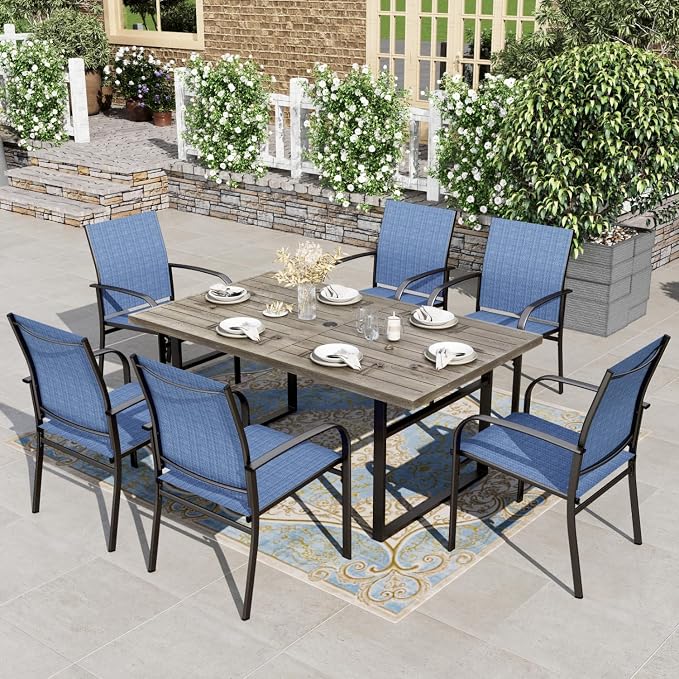 HERA'S HOUSE 7pc Outdoor Patio Dining Set, Wood-Look Metal Table, Blue | 6 textilene chairs, 64" rectangular table with umbrella hole. Waterproof, rust-resistant, all-weather for yard, porch