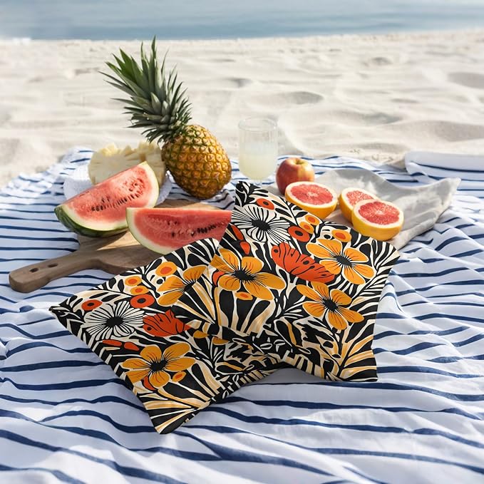 Orange Yellow Black Botanical Outdoor Pillow Covers 16x16 Inch Throw Pillow Covers Set of 2 Waterproof Decorative Pillow Cases Modernism Spring Floral Cushion Covers for Patio Furniture Garden Couch