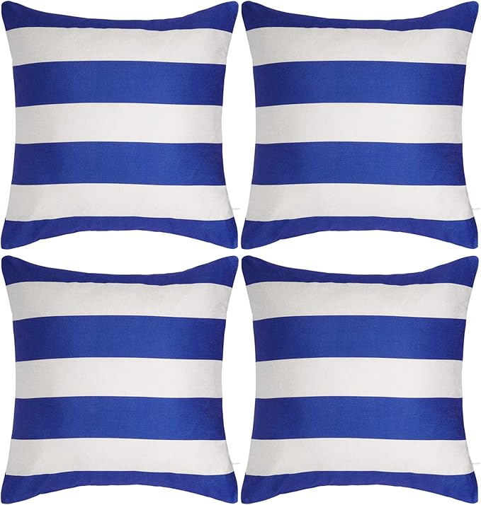 tiggell 4 Pack Waterproof Pillow Covers Outdoor Throw Pillowcases Decorative Garden Cushion Case for Home Garden Patio Couch Balcony Striped (18 * 18 inch, Blue & White)