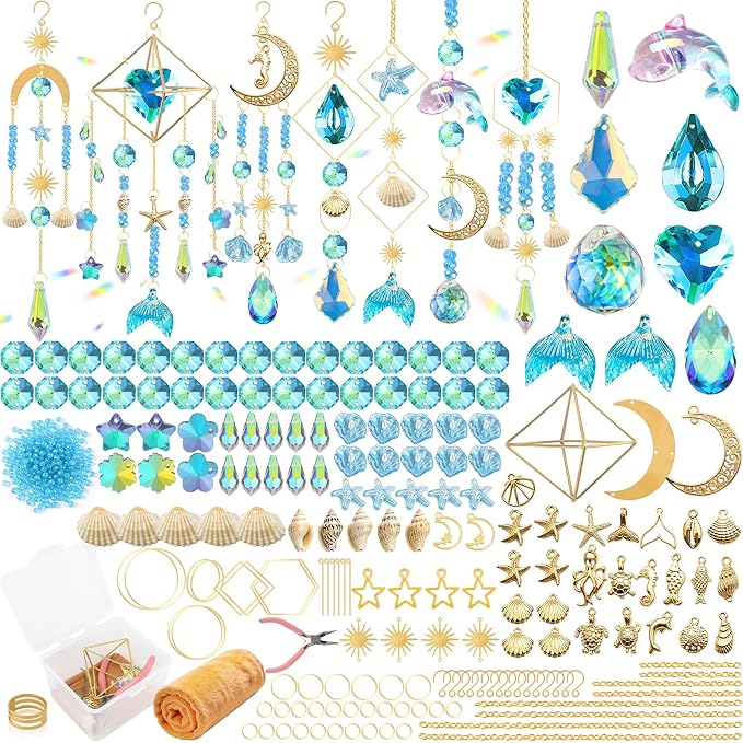408 Pcs DIY Ocean Suncatchers Kit for Adults – Crystal Suncatchers Rainbow Maker with Genuine Natural Seashells, Art and Crafts for Adults, Hanging Window Decor for Home, Parties & Weddings