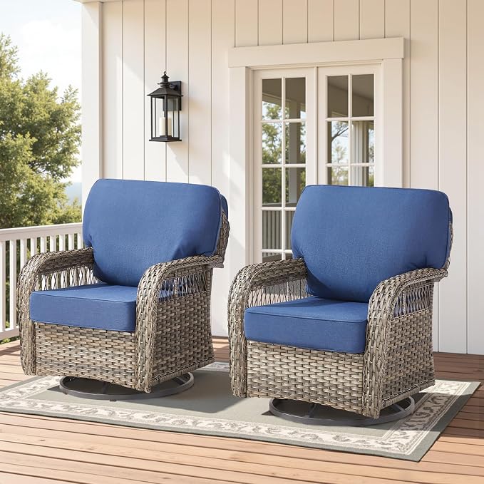 2 PCS Patio Swivel Rocking Chairs, Outdoor Wicker Furniture Set with 5-Inch Thick Olefin Cushions, 360° Swivel Rocker Patio Chairs for Garden, Porch, Backyard, Blue/Gray Wicker