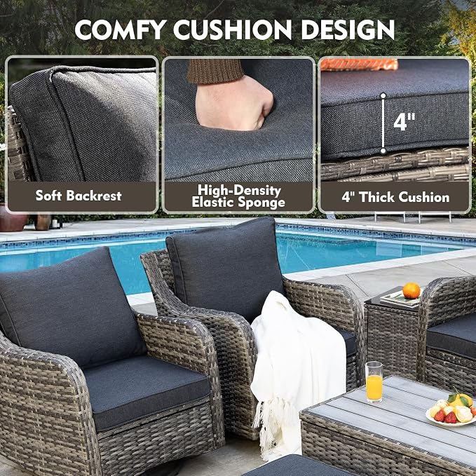 MEISSALIVVE Patio Furniture Set with Swivel Rocking Chairs, 8 Pieces Patio Conversation Set, Outdoor Wicker Sofa Couch with Waterproof Cushions for Lawn Backyard Porch (Grey)