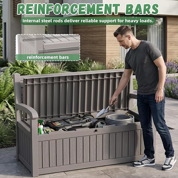 80 Gallon Outdoor Storage Bench Deck Box Waterproof Resin Lockable UV Resistant Benches Furniture Outside Porch Patio Pool Garden Tool Cushion Beige