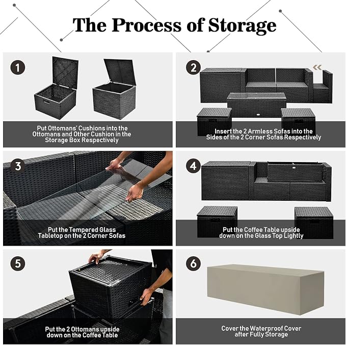 Tangkula 8 Pieces Patio Furniture Set with Waterproof Cover, Patiojoy Space Saving Outdoor PE Rattan Set with Storage Box, Tempered Glass Table, 2 Ottomans, 2 Armless Sofas & Corner Sofas