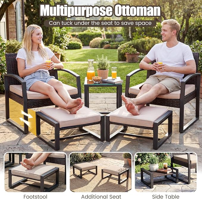 Tangkula 5 Pieces Wicker Patio Conversation Set, Outdoor PE Rattan Chair with Ottoman Set with Glass Side Table, 2-Person Small Balcony Furniture Seating Set with Cushions for Porch, Backyard, Deck
