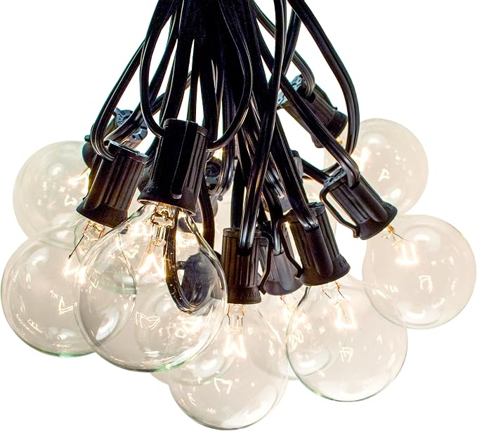 G50 Clear 2 Inch Light Bulbs with C7 Stringer 18 Gauge (Black Wire, 10')