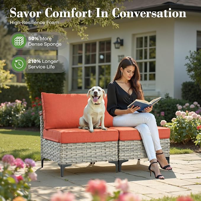5 Piece Outdoor Patio Furniture with Glowing Coffee Table, Rattan Wicker Conversation Set with Sofa, Sectional Single Chairs for Outside Porch Balcony Backyard Pool,Orange