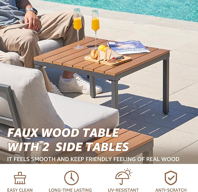 NATURAL EXPRESSIONS Patio Furniture Sets, L Shape Patio Sectional Metal Outdoor Sectional Corner Sofa Outdoor Couch with Detachable Backrest,3 Fauxwood Tables,5” Grey Olefin Cushions