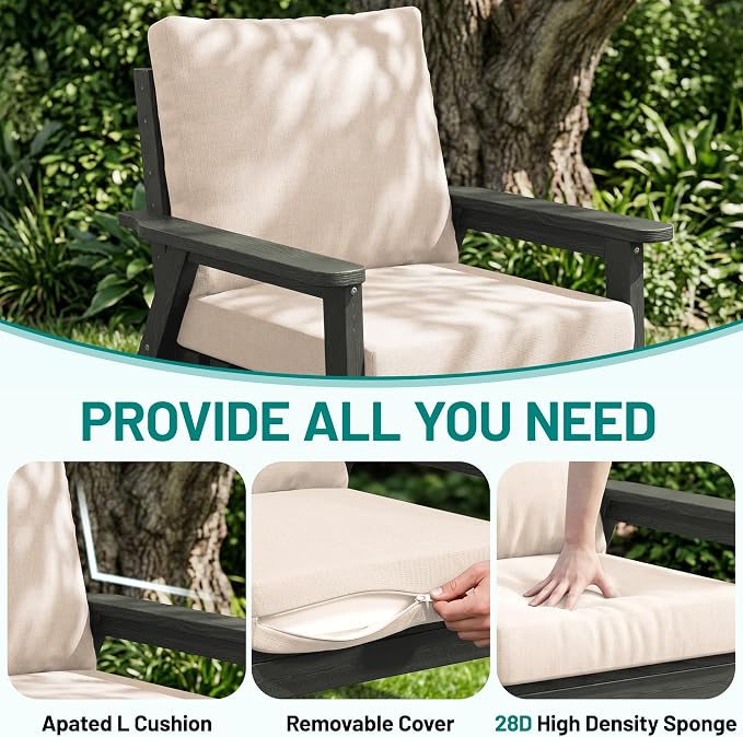 PLUUV 5-Piece HDPE Patio Furniture Set, Outdoor Sectional Conversation Set with Thick Washable Cushions & Coffee Table, All-Weather Modular Couch, Gray Frame with Khaki Cushion