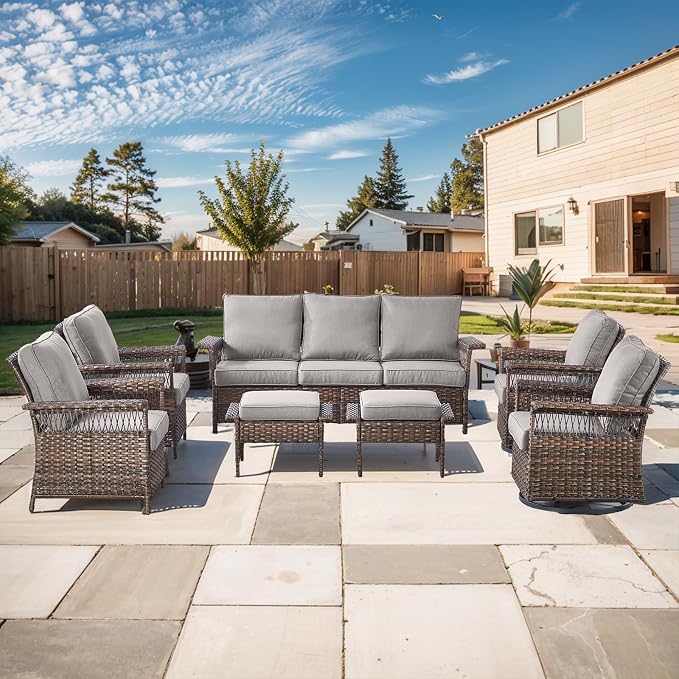 Patio Furniture Set 2 Wicker Swivel Glider Chairs 2 PE Rattan Chairs and 2 Ottomans with Grey Cushions Patio PE Rattan Side Table Brown Wicker Patio Conversation Set 7pcs for Patio