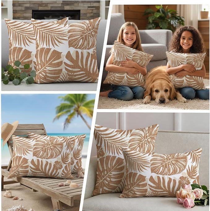 Brown Palm Leaves Outdoor Pillow Covers 20"x12" Set of 2, Tropical Botanical Minimalist Modern Waterproof Throw Pillow Covers for Patio Furniture, Decorative Cushion Covers for Porch
