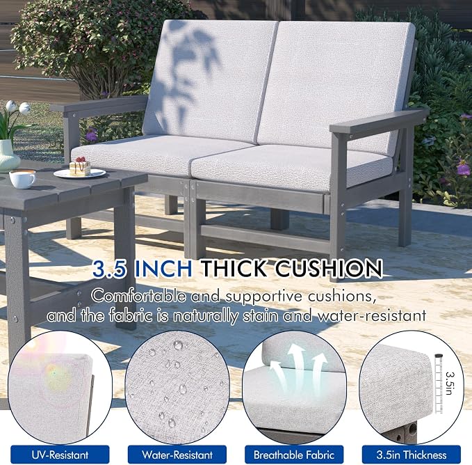 6-Piece HDPE Patio Furniture Set, All-Weather Outdoor Sectional Sofa Set w/Coffee Table+Side Table - Wood-Like Composite Conversation Couch for Deck, Lawn, Balcony - Grey Frame with Cushion