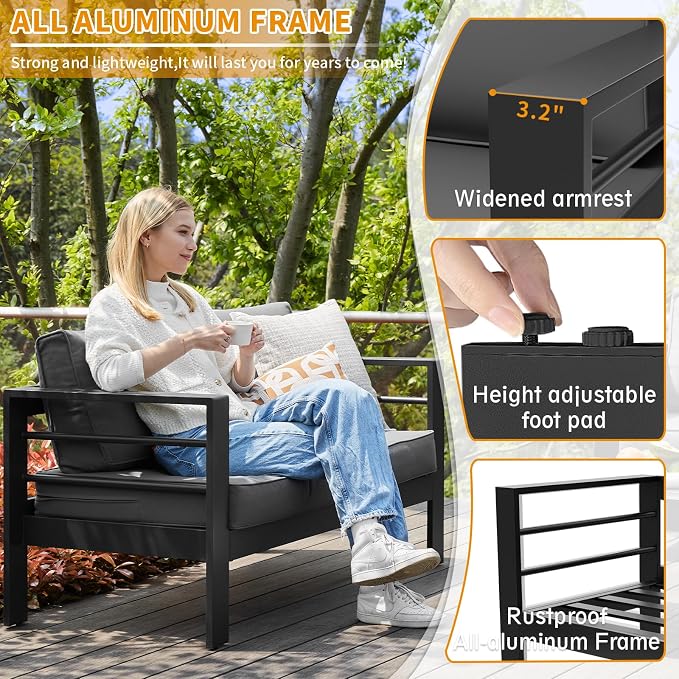 Aluminum Patio Furniture Set, Loveseat Outdoor Set with 5 Inch Cushions, Patio Loveseat Sets with Waterproof Covers for Backyard Garden(Grey)
