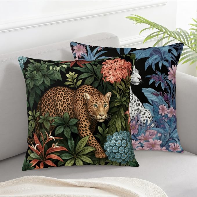 Jungle Leopard Pillow Covers Tropical Cheetah Throw Pillow Covers Hawaiian Lily Daisy Floral Pillow Cases 16x16 Set of 2 Summer Farmhouse Cushion Cases for Home Sofa Couch