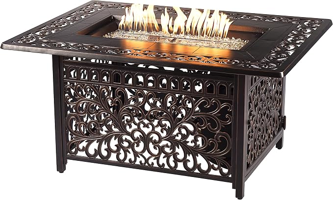 Oakland Living Black Aluminum Patio Fire Table Set with Deep Seating Sofa with Cushion and Two Club Chairs with Blue Cushions