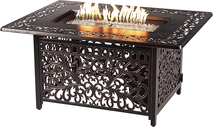 Oakland Living Black Aluminum Patio Fire Table Set with Deep Seating Sofa with Cushion and Two Club Chairs with Red Cushions