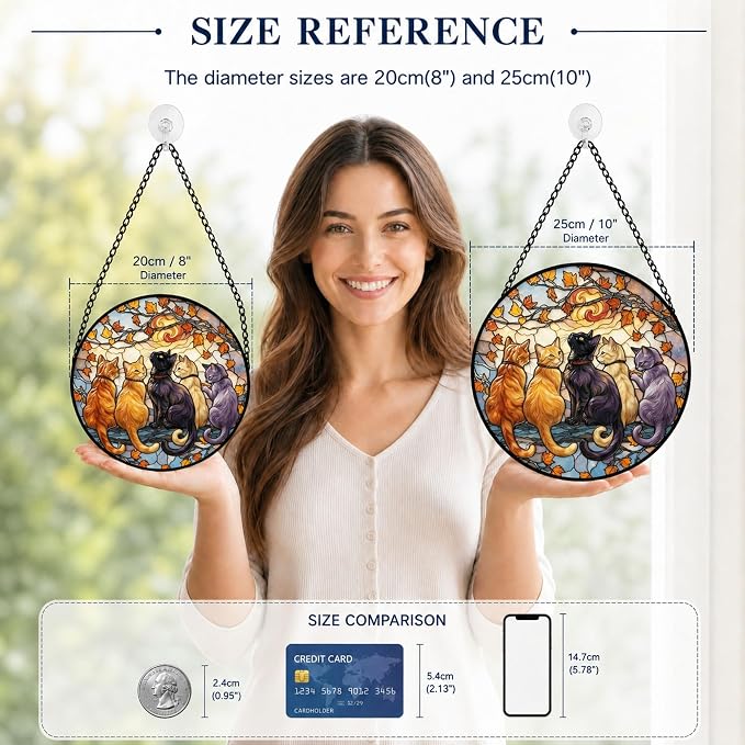 Deluxe Bundle | Stained Glass Window Hanging, Five Cats 3D Embossed Diamond Glass Suncatcher, 7-Piece Cat Lover Gift Set with Crystal Pendant & Invisible Hooks