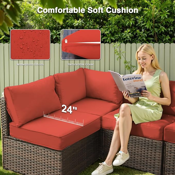 Patio Furniture Set 7 Pieces with 44" Fire Pit Table, Rattan Outdoor Sectional Conversation Sets, All Weather Outdoor Furniture Set with Cushions for Garden Lawn Balcony Porch Deck Red