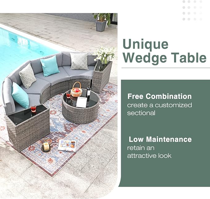 SUNSITT Outdoor 7-Piece Half-Moon Sectional Furniture Set with Round Coffee Table, Patio Curved Sofa Set, Grey Cushion and Grey Wicker, Incl. Waterproof Cover