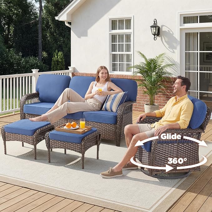 Belord Patio Wicker Swivel Rocker Patio Chairs with 3-Seater Sofa, Outdoor Rattan Chairs for Deck Porch Poolside, 9 Piece Patio Conversation Furniture Set,Blue