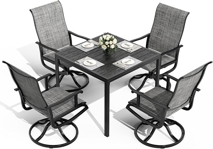 Pamapic 5-Piece Outdoor Dining Set, All Weather Patio Table and Chairs Set with Umbrella Hole, Wood-Like Metal Table and 4 360° Swivel Textilene Chairs for Backyard, Poolside, Deck, Porch, Grey