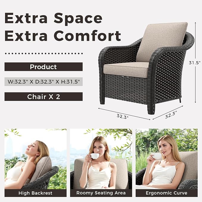 Patio PE Rattan Chairs Set of 2, All-Weather & Steel Frame Outdoor Conversation Furniture Set with Washable Cushions for Garden, Bistro, Deck, Yard (Beige)