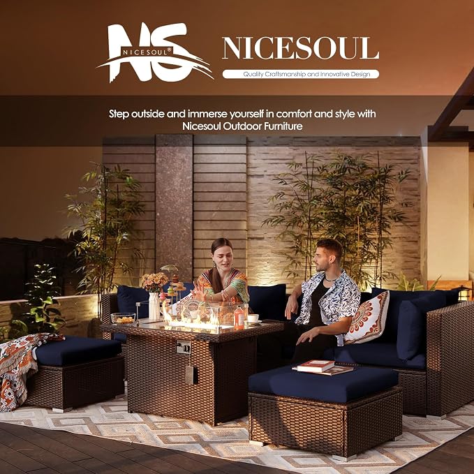 NICESOUL 13 Piece Patio Furniture w/Fireplace, Elegant Outdoor Seating w/Firepit, XL 29.3'' High Back Sectional Sofa, All-Weather Rattan Deck Couch, Modular Sturdy Conversation Set, Brown & Blue