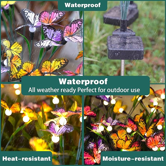 TONULAX Solar Garden Lights - 2 Pack Swaying Butterfly Light, Swaying in The Wind, Solar Outdoor Lights, Yard Patio Pathway Decoration, High Flexibility Iron Wire & Realistic Butterflies