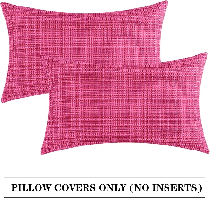 Kevin Textile Outdoor Waterproof 12"x20" Pillow Covers 2 Pack, Hot Pink | Water Resistant, Faux Linen Yarn-dyed, Woven Texture Throw Pillow Covers for Tent Patio Garden Couch Sofa