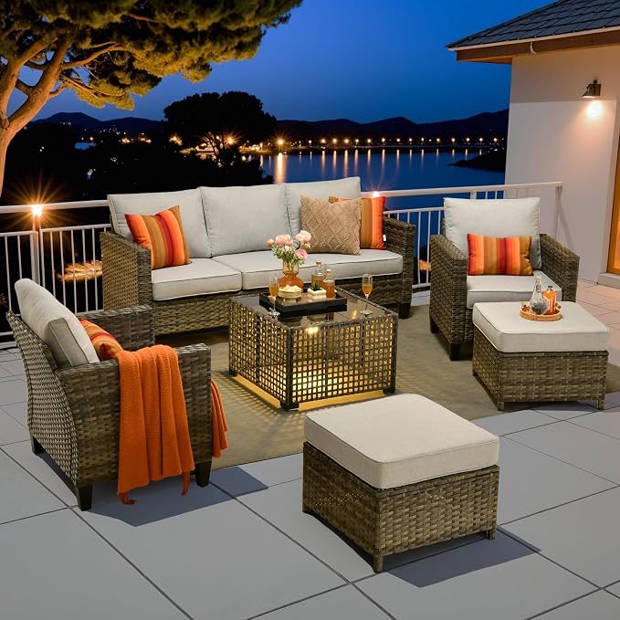 6 Piece Wicker Patio Furniture Set with Solar Table, Gray | Outdoor Deep Seating Sofa Chair Ottoman, Solar Lights Table, All Weather Rattan, Modern Conversation Set, Porch Deck Backyard