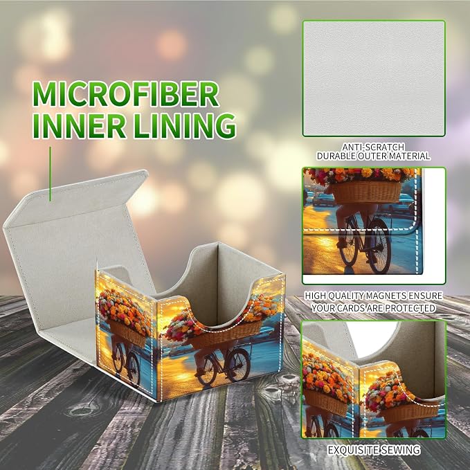 Card Deck Box for MTG, Cards Storage Box Fits 120+ Sleeved, Leather Small Size Strong Magnetic Closing Card Case for Board Games Magic TCG CCG Baseball Collection, Flower Bike