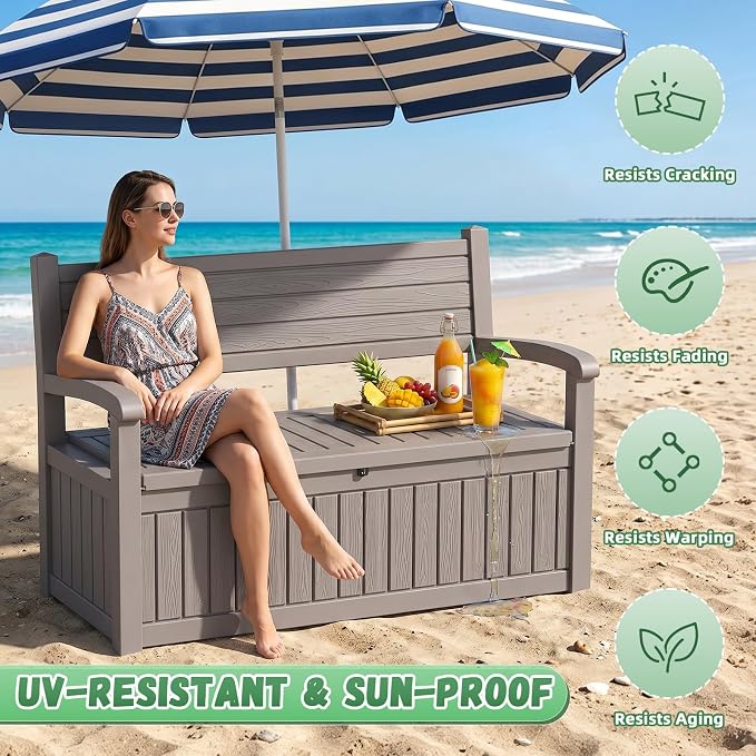 80 Gallon Outdoor Storage Bench Deck Box Waterproof Resin Lockable UV Resistant Benches Furniture Outside Porch Patio Pool Garden Tool Cushion Beige